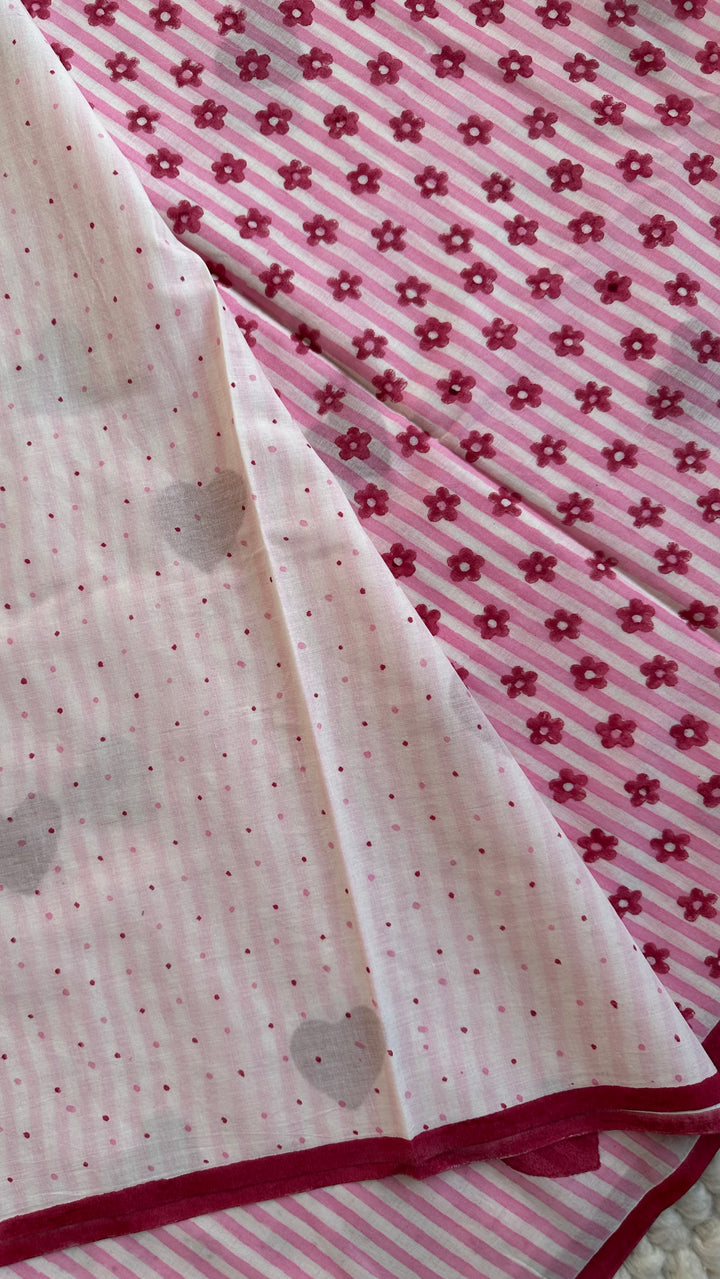 SANGANERI HAND BLOCK PRINTED SOFT MULMUL COTTON SAREE- CANDID HEARTS