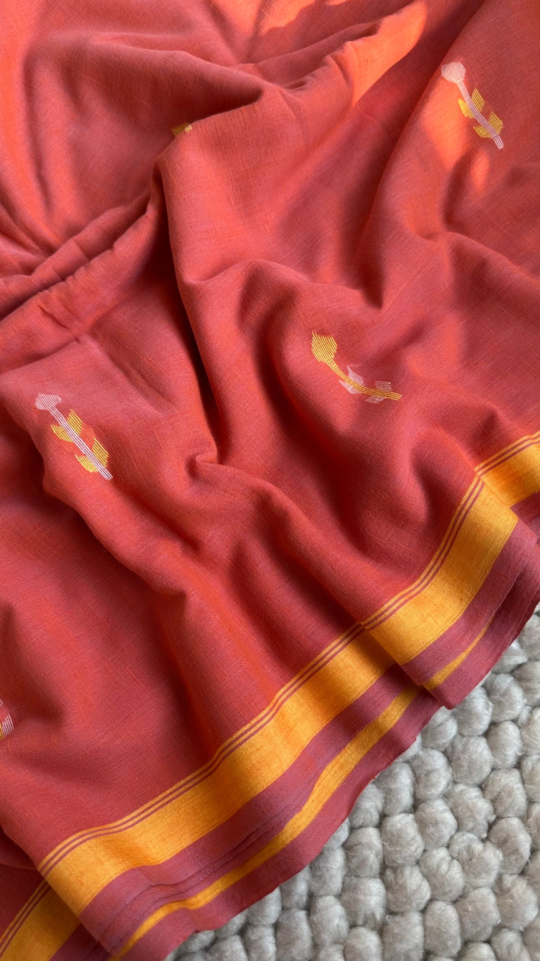 PREMIUM NEEDLE WORK JAMDANI HANDWOVEN AND HANDSPUN COTTON SAREE - PEACHY ORANGE