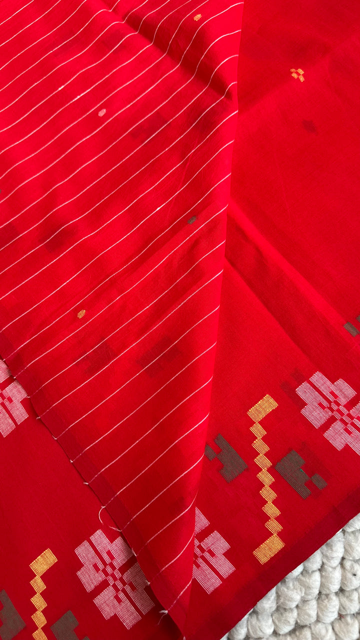 PREMIUM NEEDLE WORK JAMDANI HANDWOVEN COTTON SAREE - CLASSIC RED