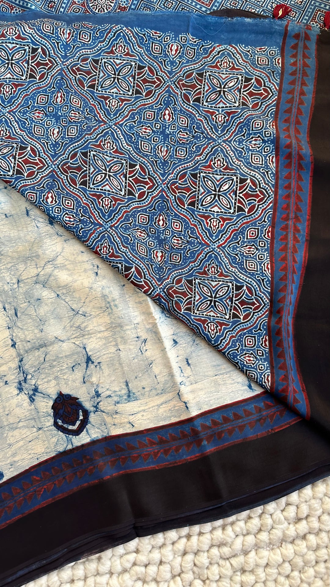 MARBLE INDIGO CHARMS  - AJRAKH HAND BLOCK PRINTED PREMIUM MODAL SILK SAREE