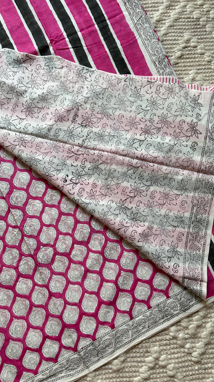 BAGRU HAND BLOCK PRINTED SOFT MULMUL COTTON SAREE- 109