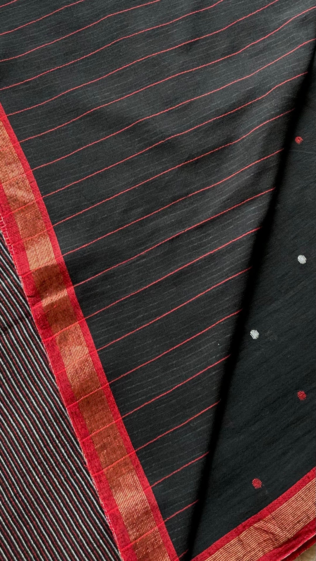 PREMIUM JAMDANI WEAVE HANDWOVEN AND HANDSPUN COTTON SAREE -  POLKA DOTS ON MIDNIGHT BLACK