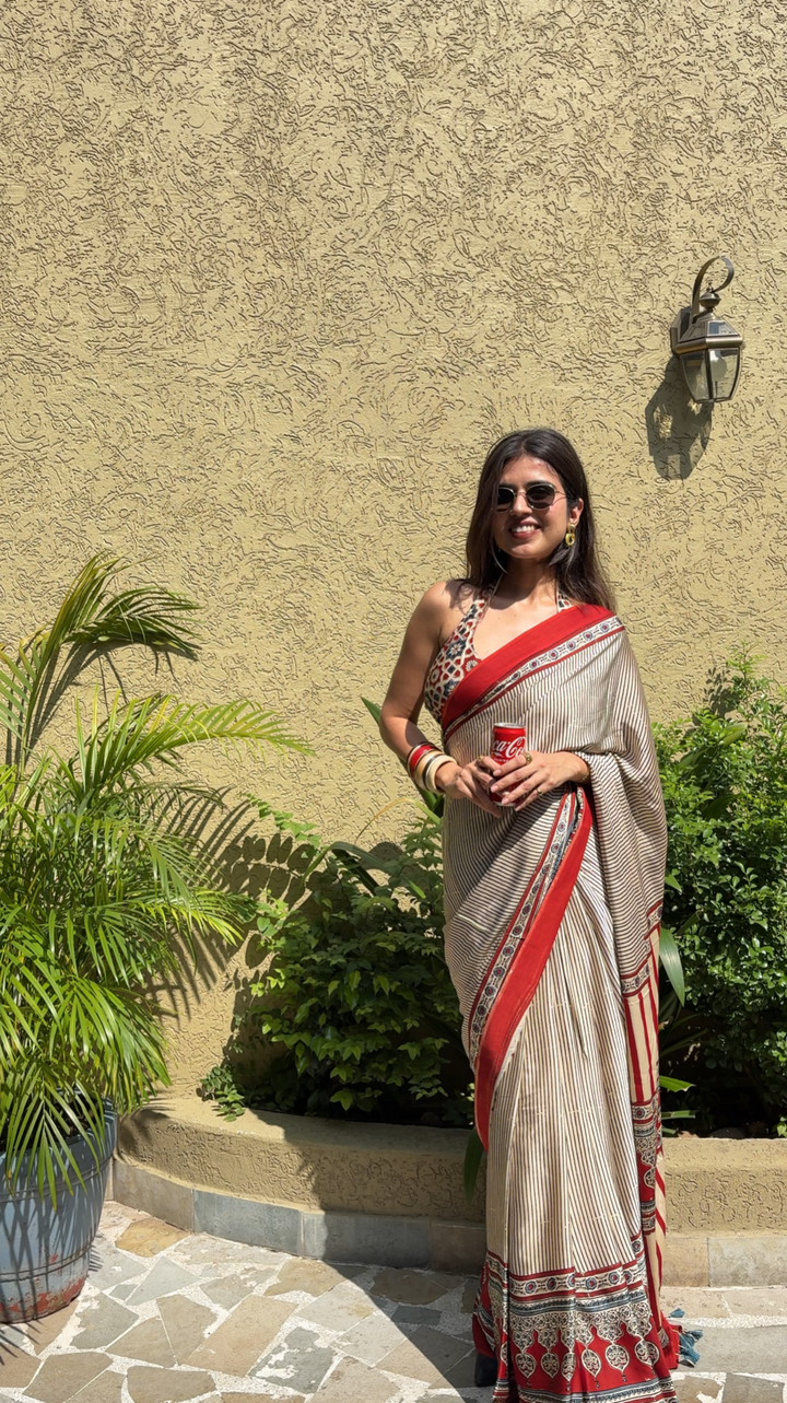 THE CLASSIC STRIPES - AJRAKH HAND BLOCK PRINTED MODAL SILK SAREE (ONLY AVAILABLE ON PRE-ORDER - DISPATCH TIME IS 30-35 DAYS)