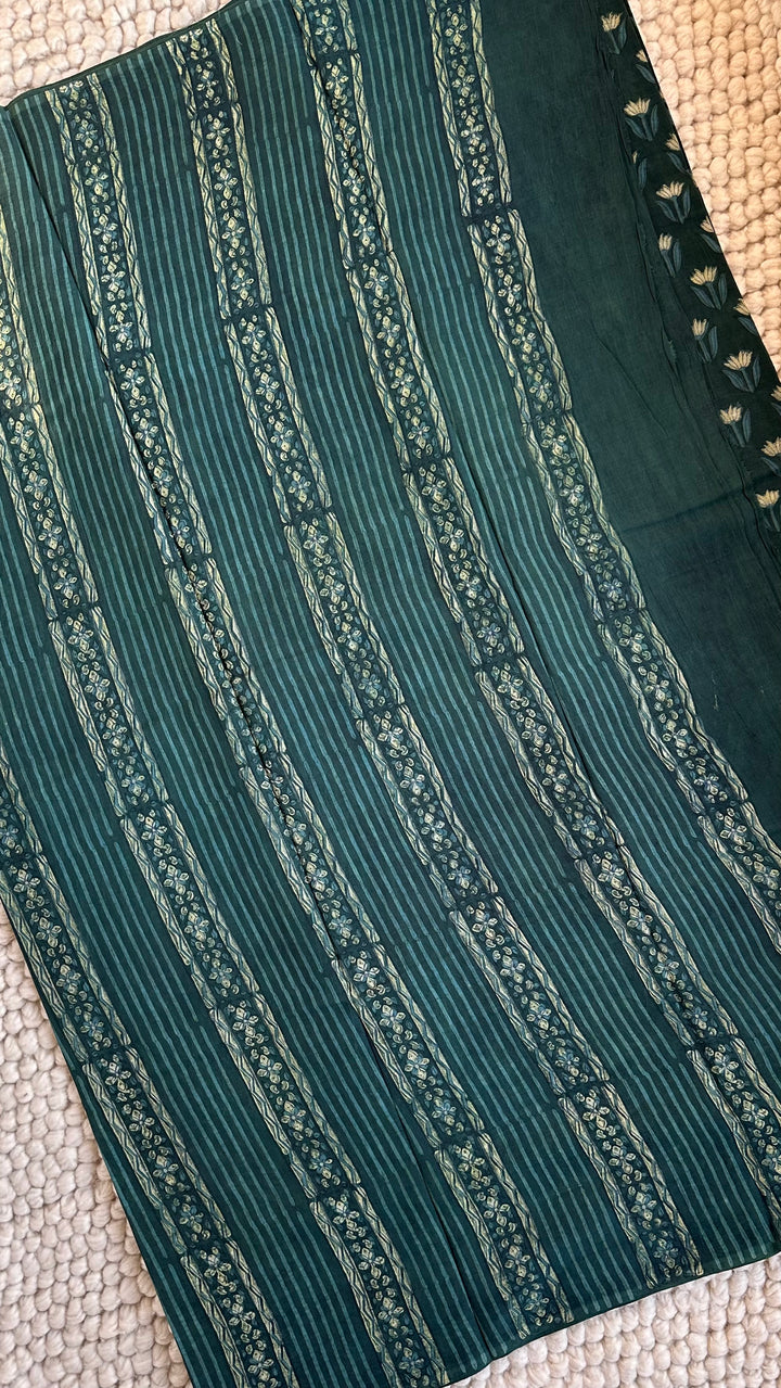 AKOLA INDIGO GREEN HAND BLOCK DABU PRINTED SOFT MULMUL COTTON SAREE- 032