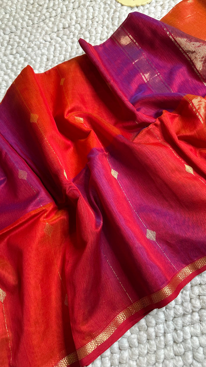PURPLE & ORANGE DUAL TONE- PREMIUM HANDWOVEN MAHESHWARI SILK BY COTTON SAREE (DISPATCH TIME IS 15-20 DAYS)