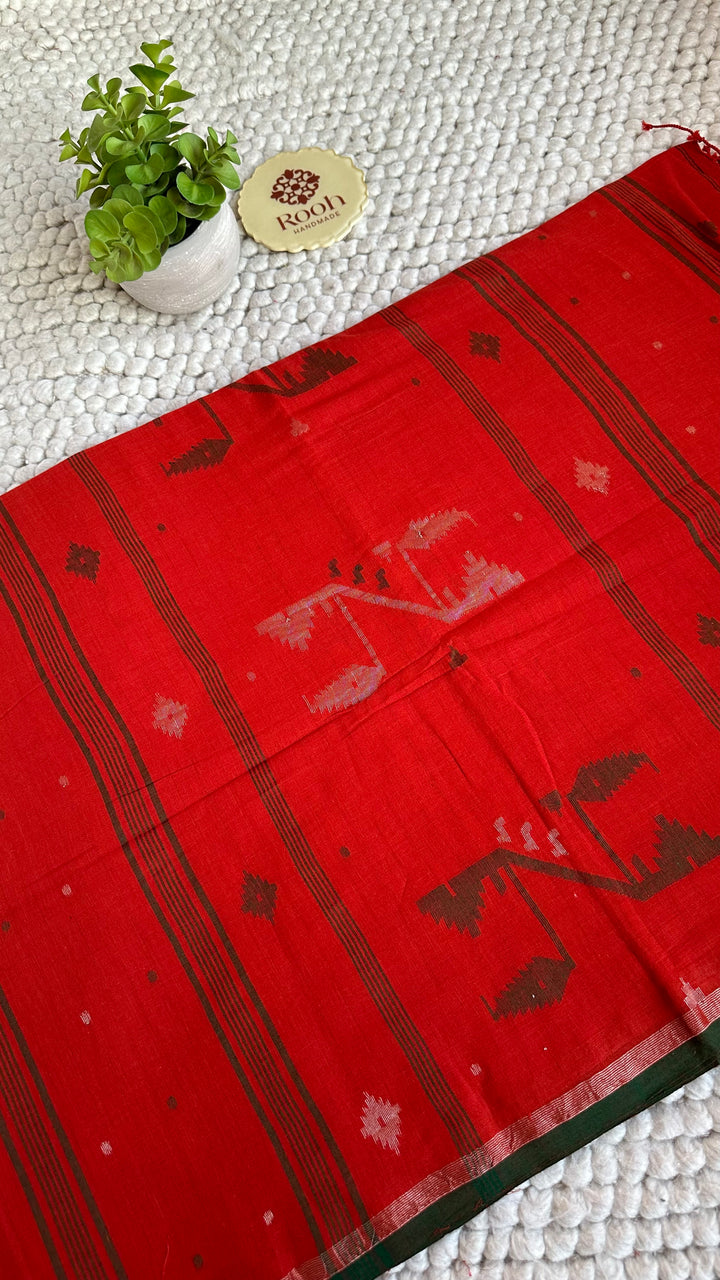 PREMIUM NEEDLE WORK JAMDANI HANDWOVEN AND HANDSPUN COTTON SAREE - RUST ORANGE