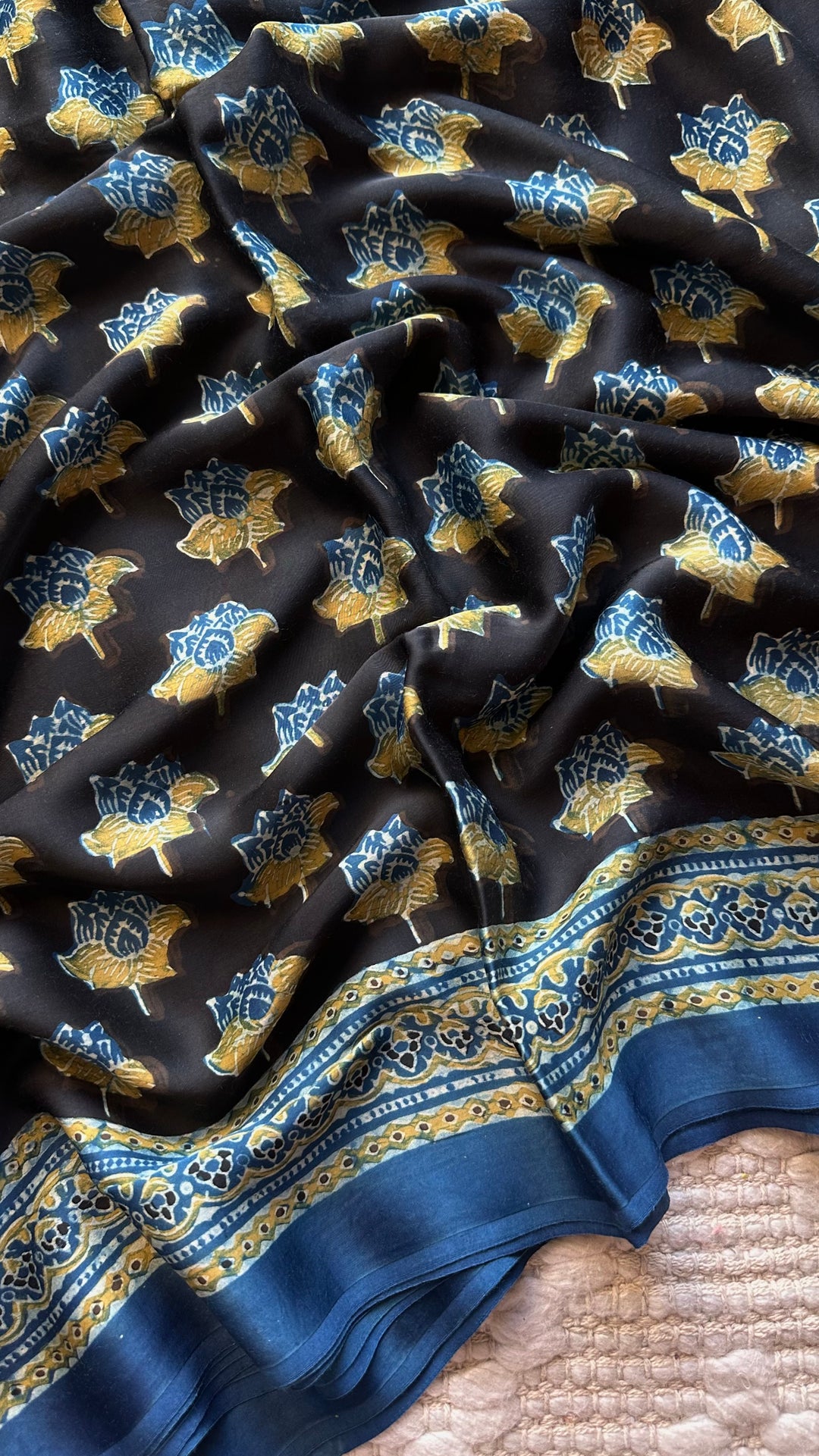 LOTUS BLOOMS 02 - SUPER PREMIUM & BUTTERY SOFT AJRAKH HAND BLOCK PRINTED MODAL SILK SAREE