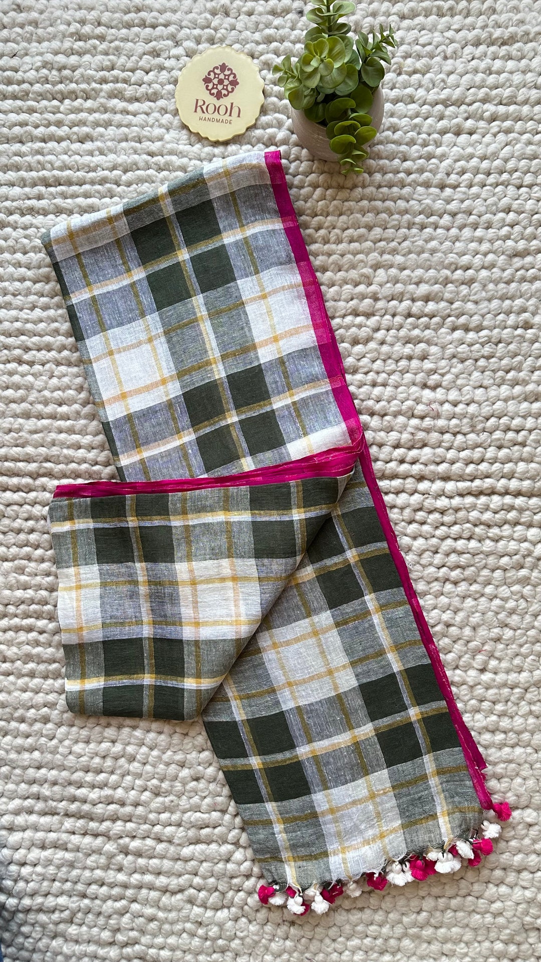 Multi Colour Checked Pure Handwoven Linen Saree - 006