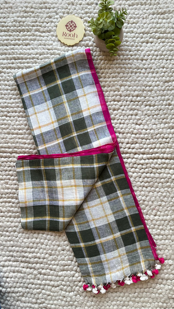 Multi Colour Checked Pure Handwoven Linen Saree - 006