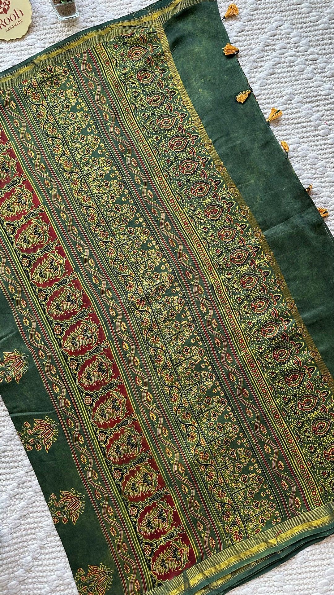 LOTUS PANES - MADDER RED AND GREEN AJRAKH HAND BLOCK PRINTED SILK COTTON SAREE