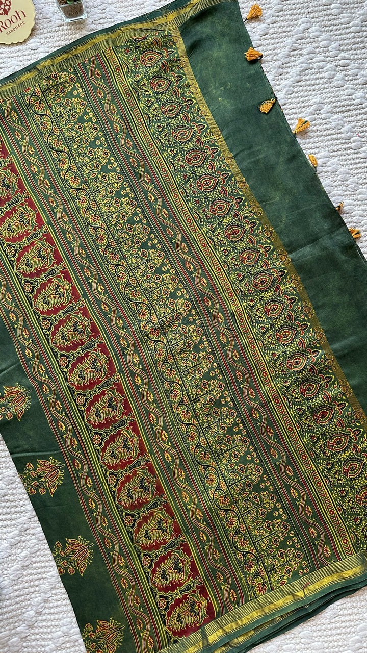 LOTUS PANES - MADDER RED AND GREEN AJRAKH HAND BLOCK PRINTED SILK COTTON SAREE