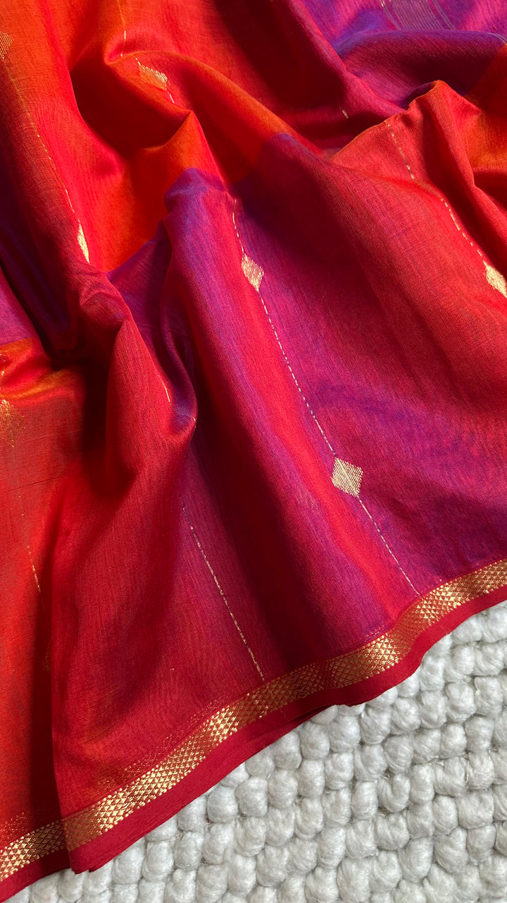 PURPLE & ORANGE DUAL TONE- PREMIUM HANDWOVEN MAHESHWARI SILK BY COTTON SAREE (DISPATCH TIME IS 15-20 DAYS)