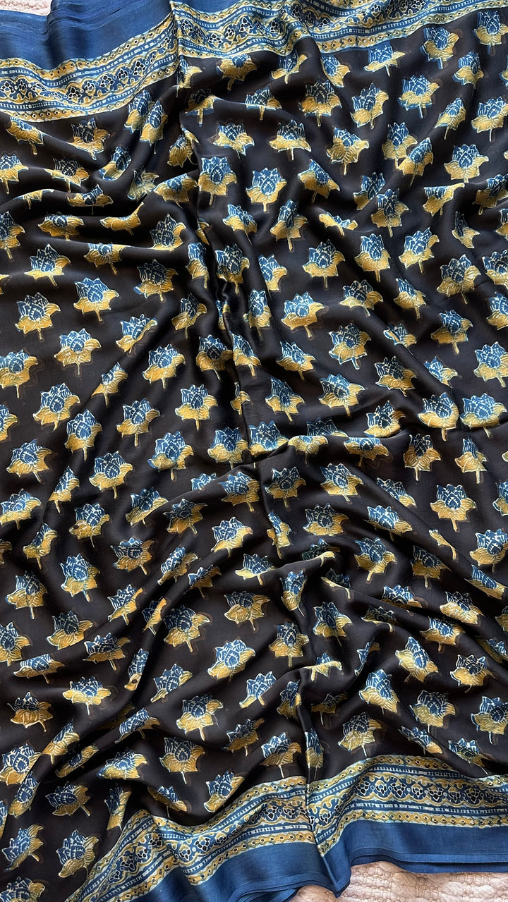 LOTUS BLOOMS 02 - SUPER PREMIUM & BUTTERY SOFT AJRAKH HAND BLOCK PRINTED MODAL SILK SAREE