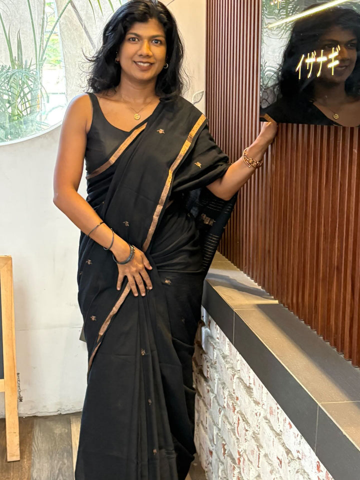 PREMIUM JAMDANI WEAVE HANDWOVEN AND HANDSPUN COTTON SAREE - MIDNIGHT BLACK