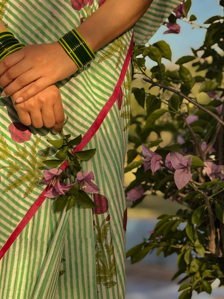 SANGANERI HAND BLOCK PRINTED SOFT COTTON SAREE- MUGHAL FLORALS ON STRIPES