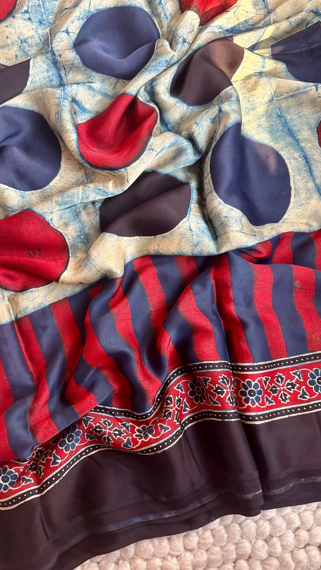 ABSTRACT DOTS & LINES - PREMIUM HALF AND HALF AJRAKH HAND BLOCK PRINTED PREMIUM MODAL SILK SAREE