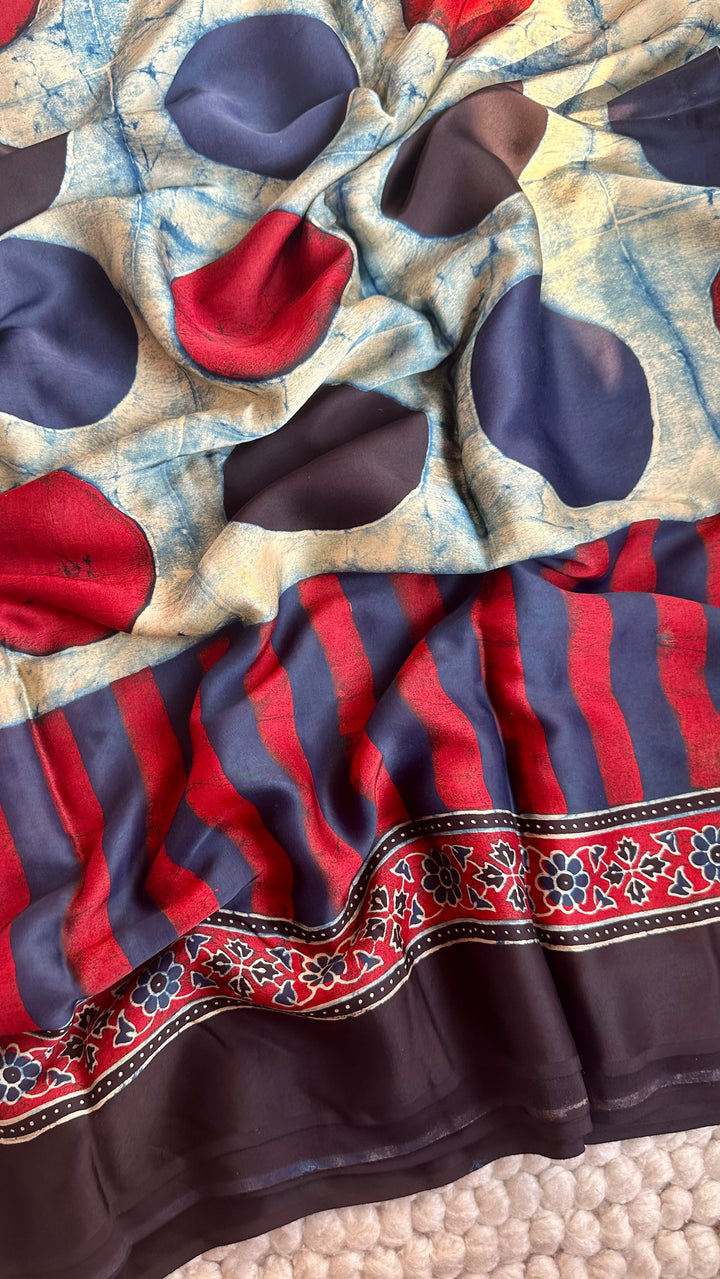 ABSTRACT DOTS & LINES - PREMIUM HALF AND HALF AJRAKH HAND BLOCK PRINTED PREMIUM MODAL SILK SAREE