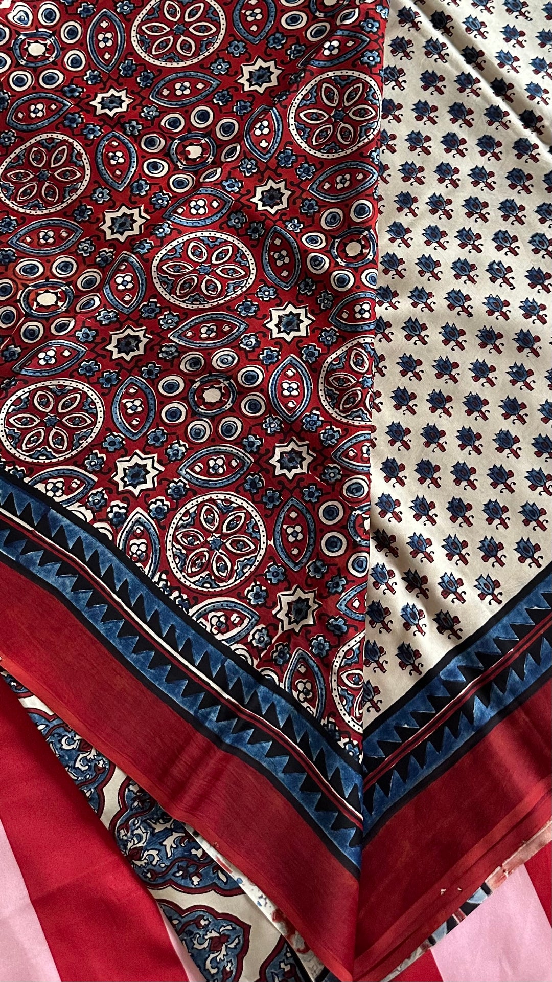 KIARA - IVORY AND MADDER RED AJRAKH HAND BLOCK PRINTED PREMIUM MODAL SILK SAREE
