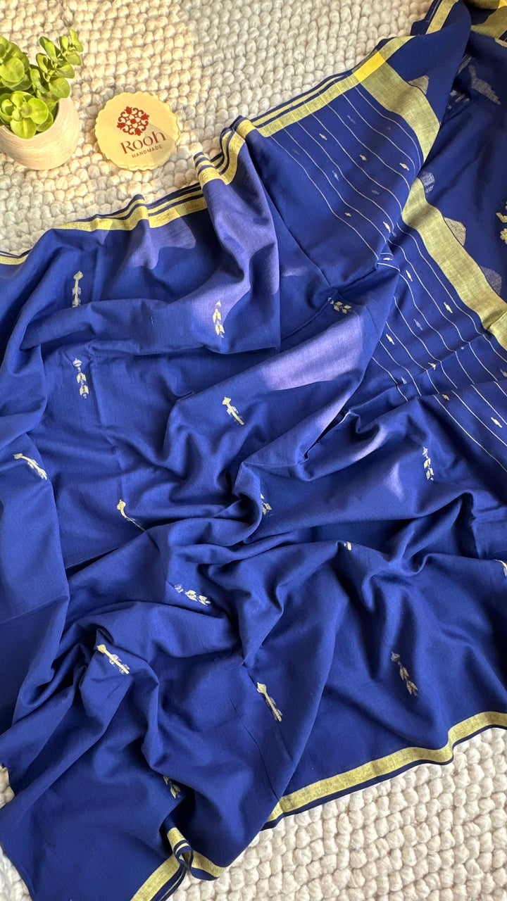 PREMIUM JAMDANI WEAVE HANDWOVEN AND HANDSPUN COTTON SAREE - SAPPHIRE BLUE