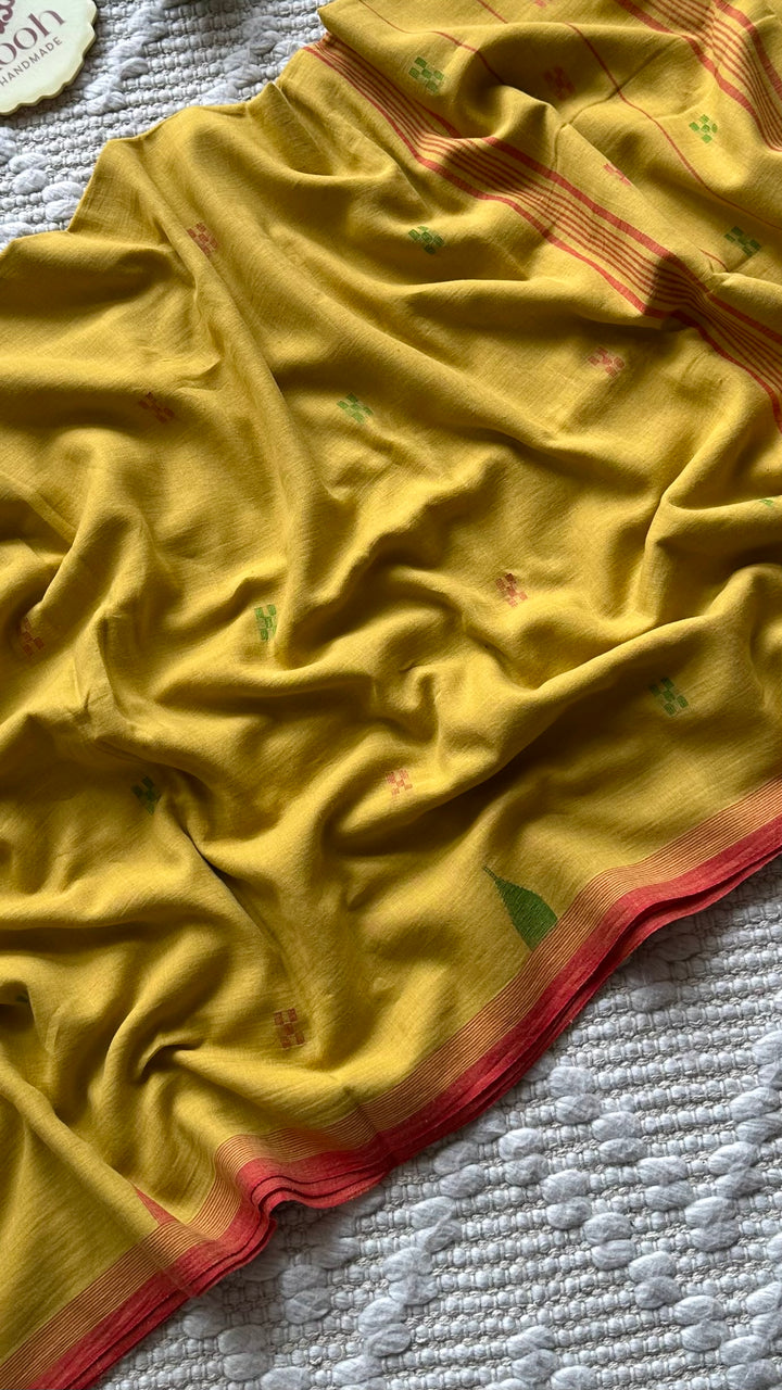PREMIUM JAMDANI WEAVE HANDWOVEN AND HANDSPUN COTTON SAREE -  AMBER YELLOW