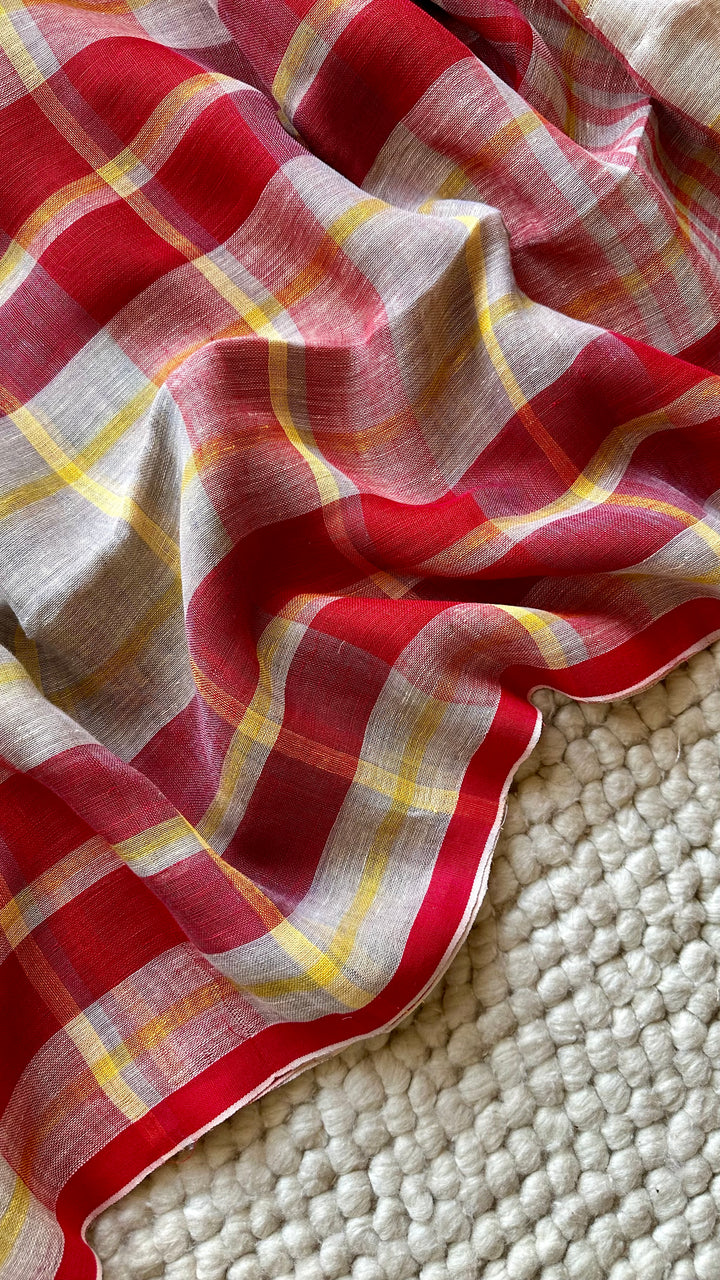 Multi Colour Checked Pure Handwoven Linen Saree - 003