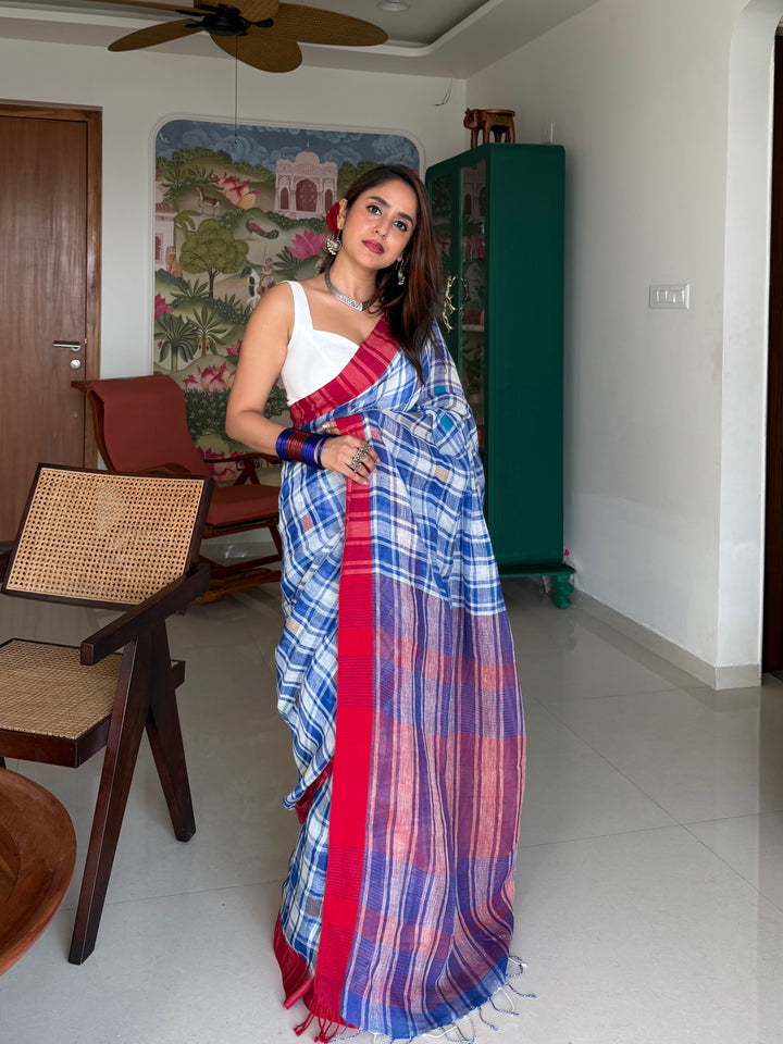 SUPER PREMIUM JAMDANI WEAVE HANDWOVEN MADRAS CHECKS JAYASHREE LINEN SAREE - ROYAL BLUE AND RED