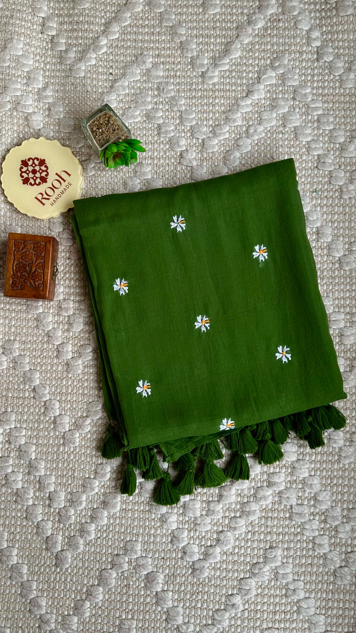 SHIULI - FOREST GREEN SUPER SOFT MUL COTTON SAREE (DISPATCH TIME - 7 TO 10 DAYS)
