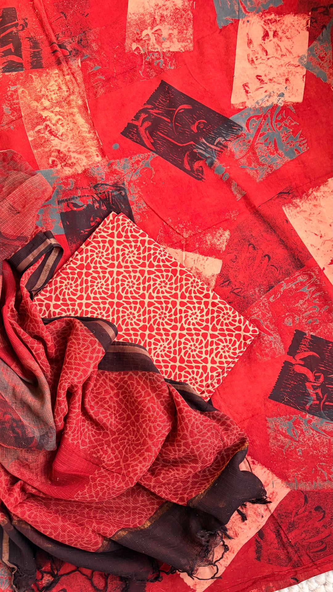 AJRAKH HANDBLOCK PRINTED UNSTITCHED DRESS MATERIAL (SET OF THREE)-  ABSTRACT RED