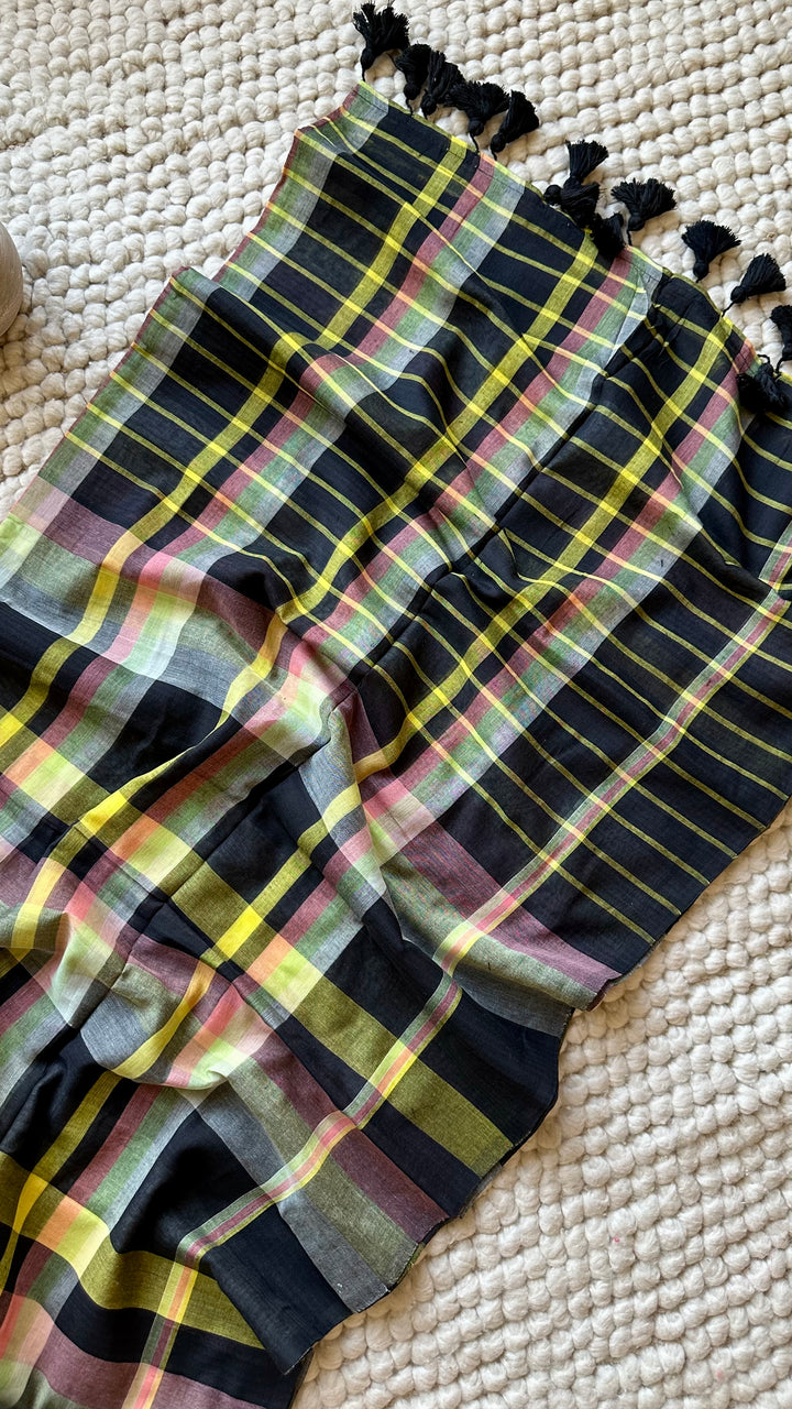 HANDWOVEN MULTICOLOUR CHECKERED MULMUL COTTON SAREE - 03 (DISPATCH TIME - 5 TO 7 DAYS)