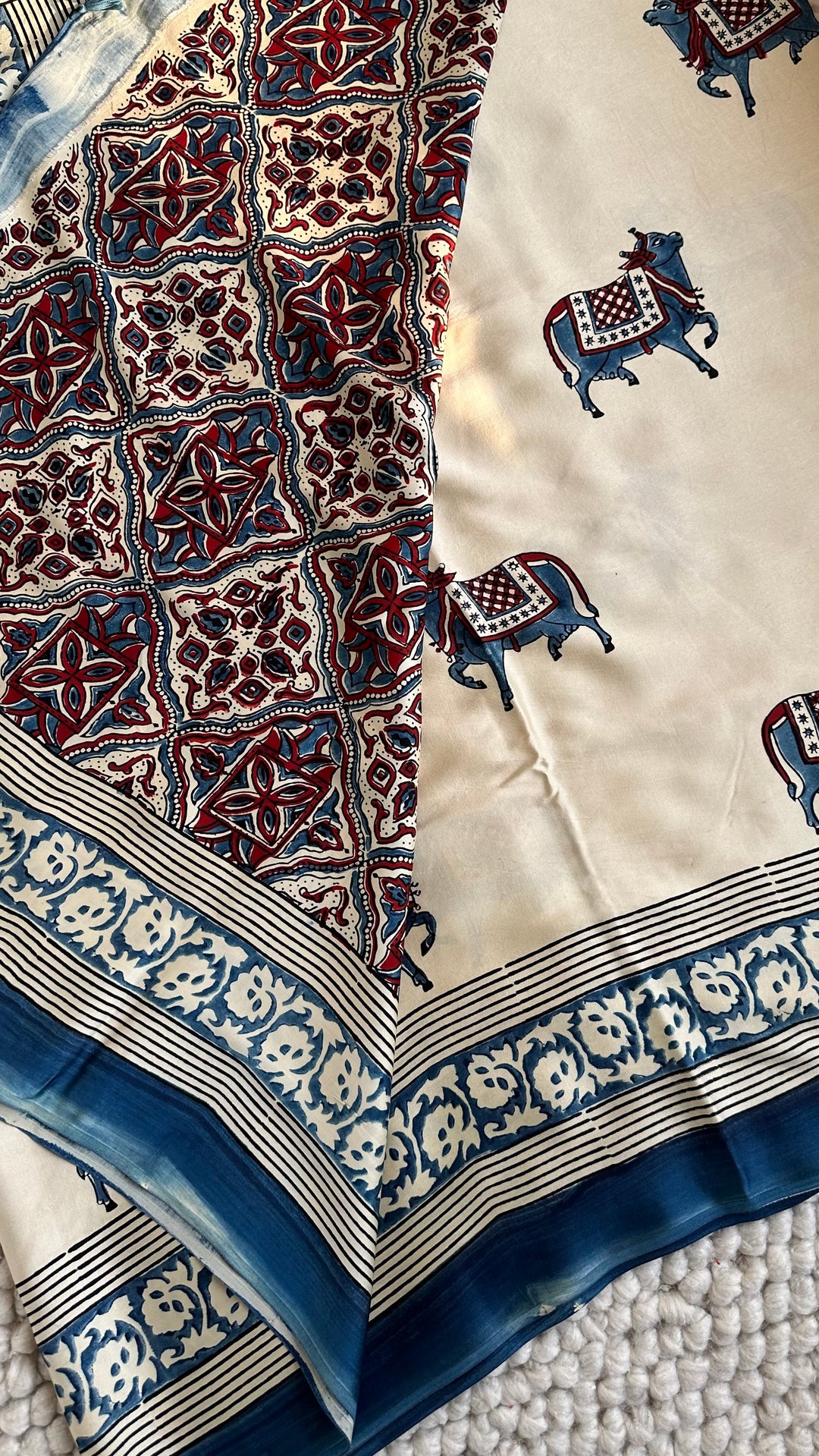 IVORY AND INDIGO PICHWAI  - AJRAKH HAND BLOCK PRINTED PREMIUM MODAL SILK SAREE (ONLY AVAILABLE ON PRE-ORDER - DISPATCH TIME IS 30-35 DAYS)
