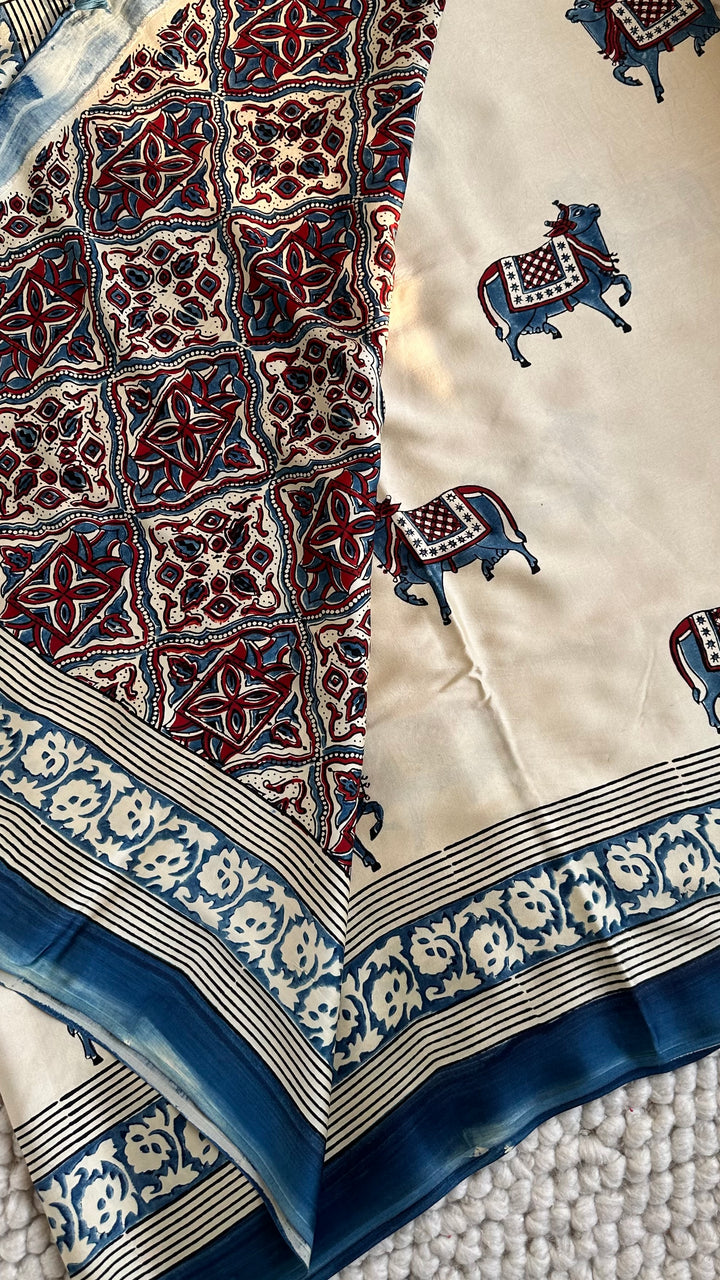 IVORY AND INDIGO PICHWAI  - AJRAKH HAND BLOCK PRINTED PREMIUM MODAL SILK SAREE (ONLY AVAILABLE ON PRE-ORDER - DISPATCH TIME IS 30-35 DAYS)