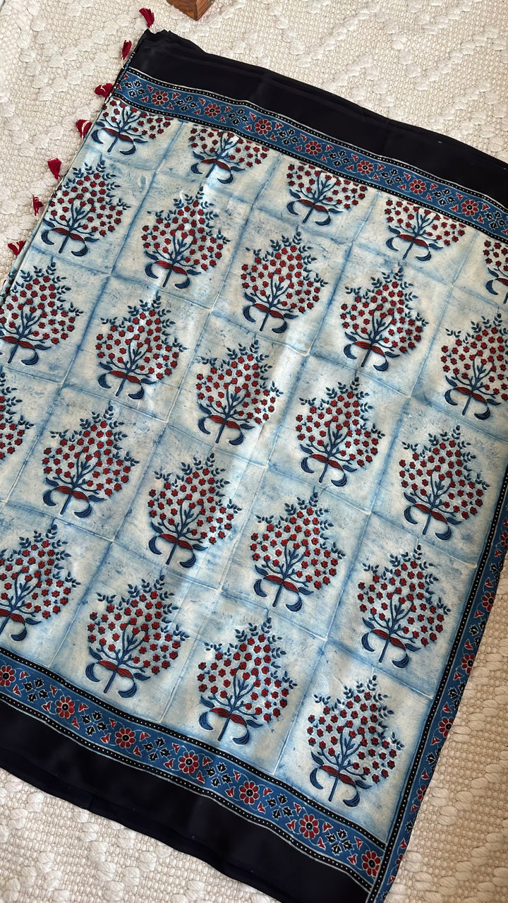 INDIGO PANES - PREMIUM AJRAKH HAND BLOCK PRINTED MODAL SILK SAREE