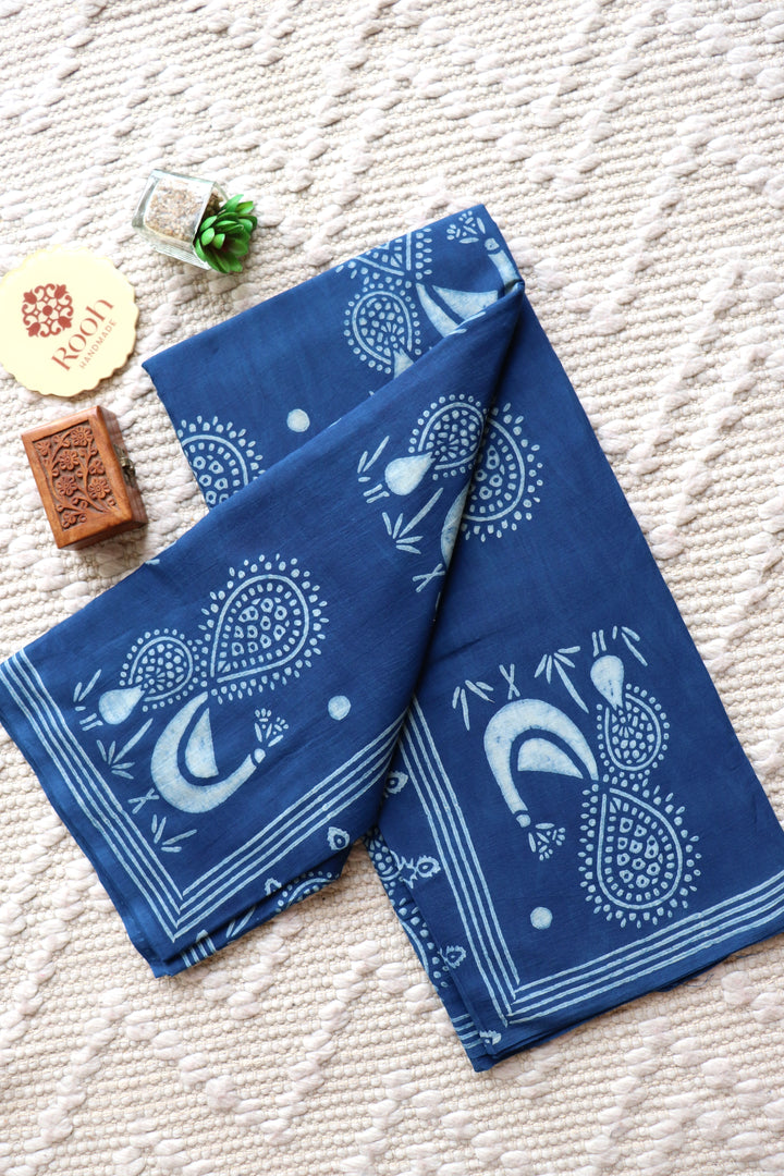 AKOLA INDIGO HAND BLOCK DABU PRINTED SOFT MULMUL COTTON SAREE- 022