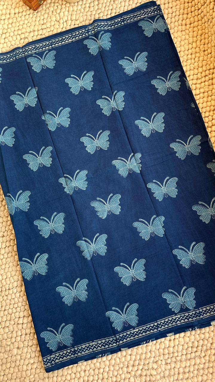 AKOLA INDIGO HAND BLOCK DABU PRINTED SOFT MULMUL COTTON SAREE- 025