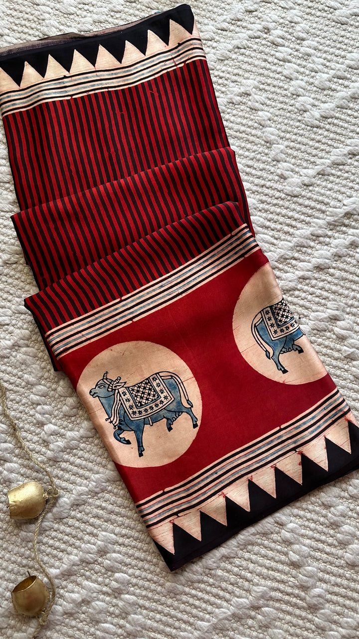 RED AND BLACK STRIPED PICHWAI - PREMIUM  AJRAKH HAND BLOCK PRINTED MODAL SILK SAREE (AVAILABLE ON PRE-ORDER - DISPATCH TIME IS 30-35 DAYS)