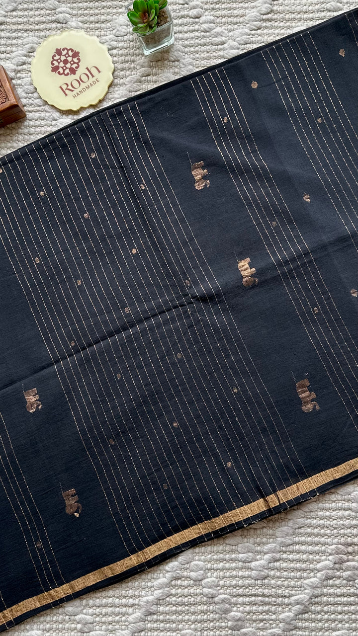 PREMIUM JAMDANI WEAVE HANDWOVEN AND HANDSPUN COTTON SAREE - RAVEN BLACK