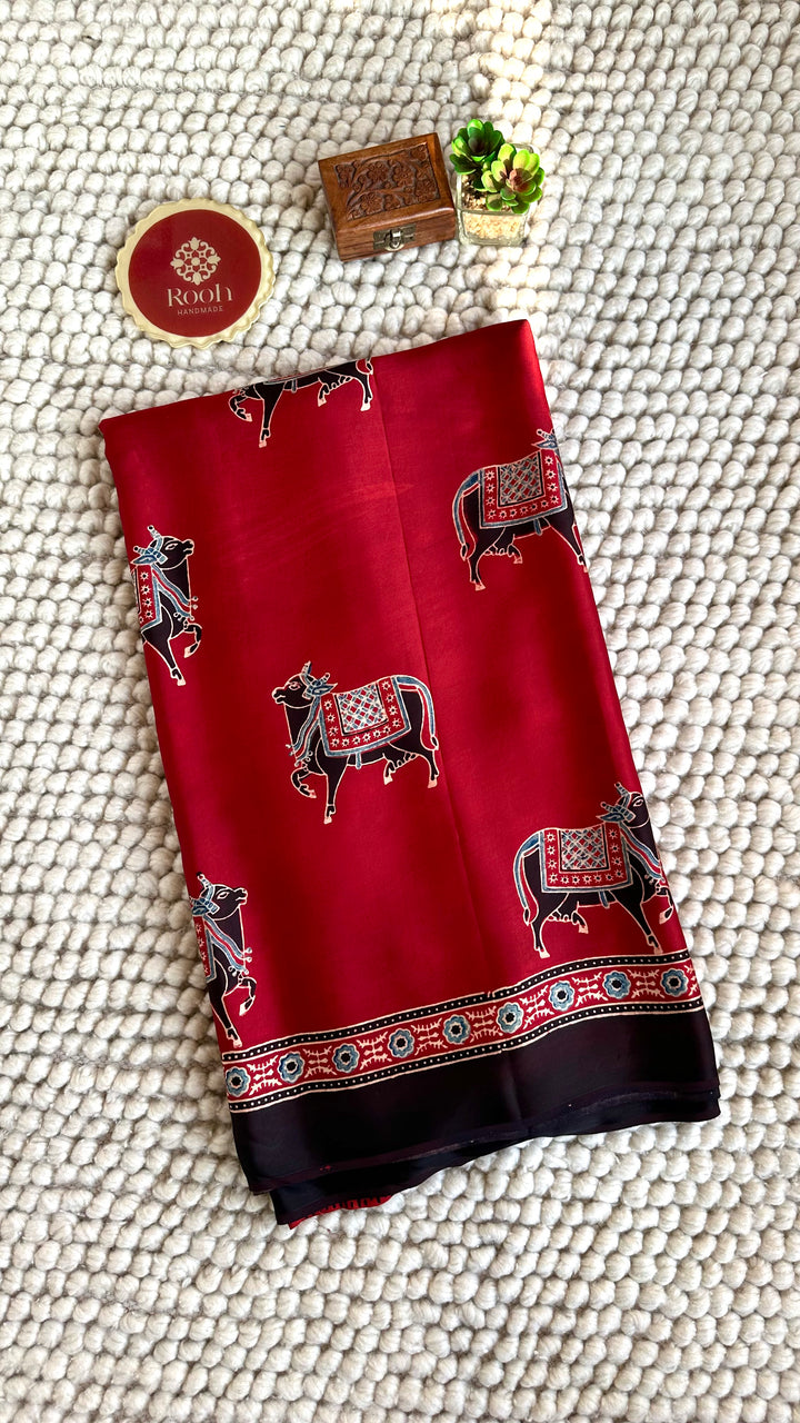 MADDER RED & BLACK PICHWAI NANDI - AJRAKH HAND BLOCK PRINTED PREMIUM MODAL SILK SAREE (AVAILABLE ON PRE-ORDER - DISPATCH TIME IS 30-35 DAYS)