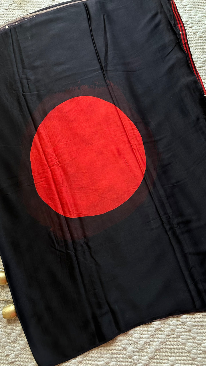 RED AND BLACK STRIPED PICHWAI - PREMIUM  AJRAKH HAND BLOCK PRINTED MODAL SILK SAREE (AVAILABLE ON PRE-ORDER - DISPATCH TIME IS 30-35 DAYS)