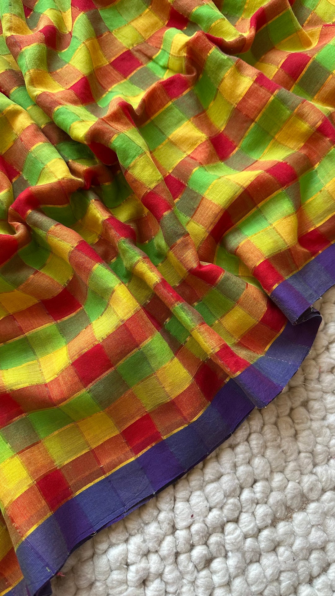 HANDWOVEN MULTICOLOUR ZARI CHECKS PURE MULMUL COTTON SAREE - 014