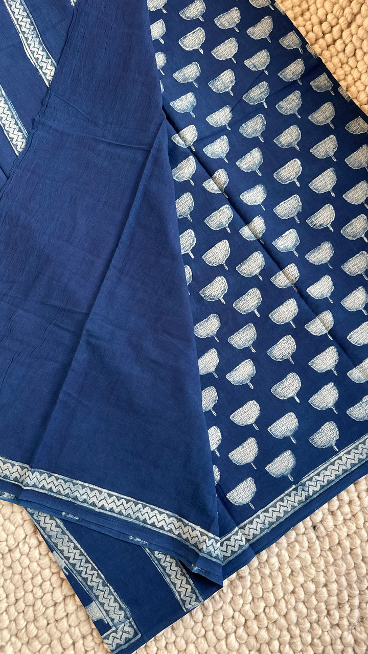 AKOLA INDIGO HAND BLOCK DABU PRINTED SOFT MULMUL COTTON SAREE- 029