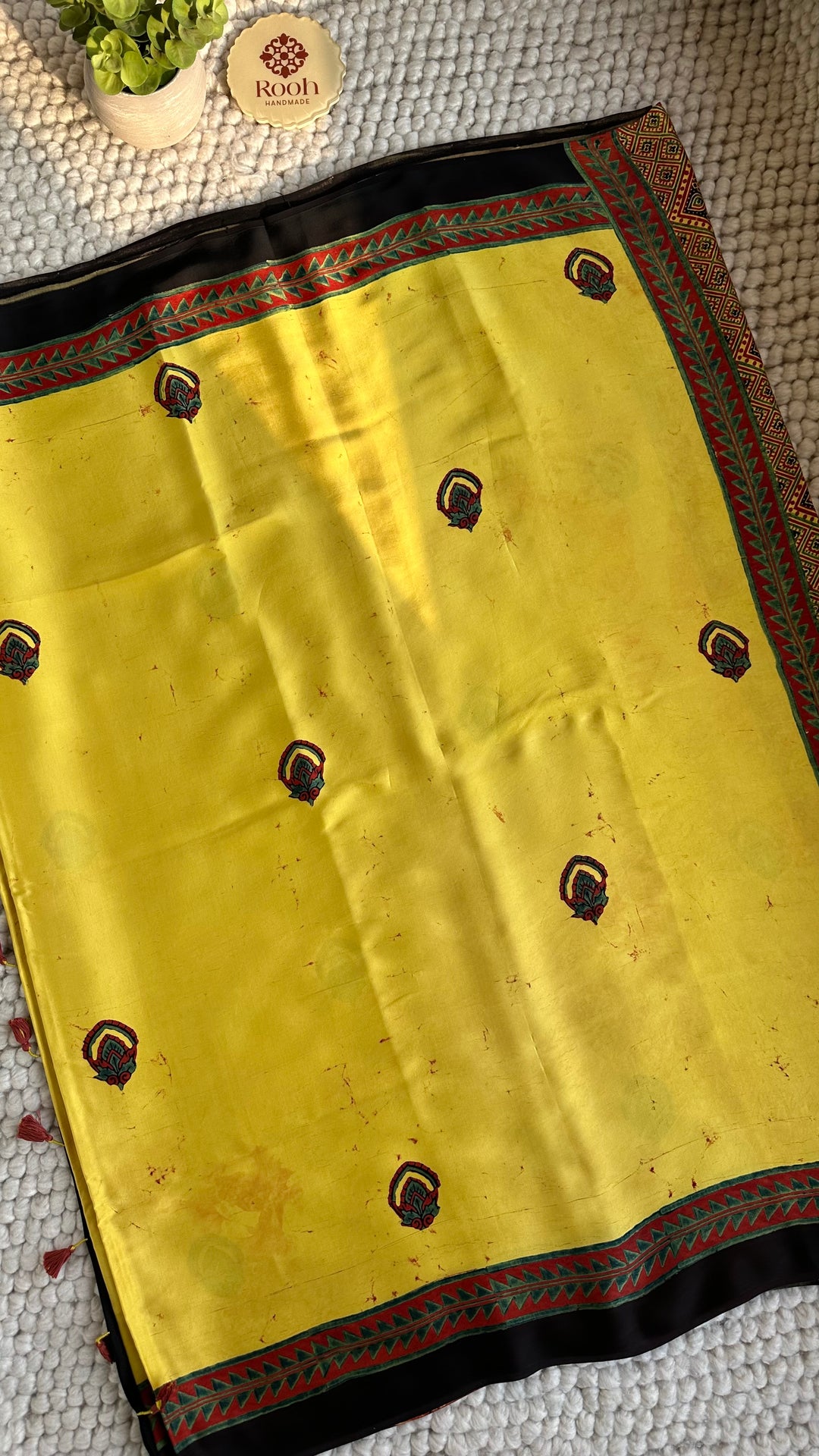 YELLOW CHARMS - AJRAKH HAND BLOCK MARBLE PRINTED PREMIUM MODAL SILK SAREE  (ONLY AVAILABLE ON PRE-ORDER - DISPATCH TIME IS 30-35 DAYS)