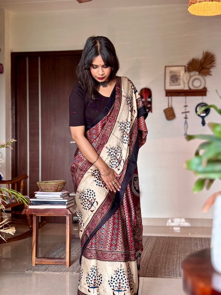 MAHOGANY RADIANCE - AJRAKH HAND BLOCK PRINTED MODAL SILK SAREE