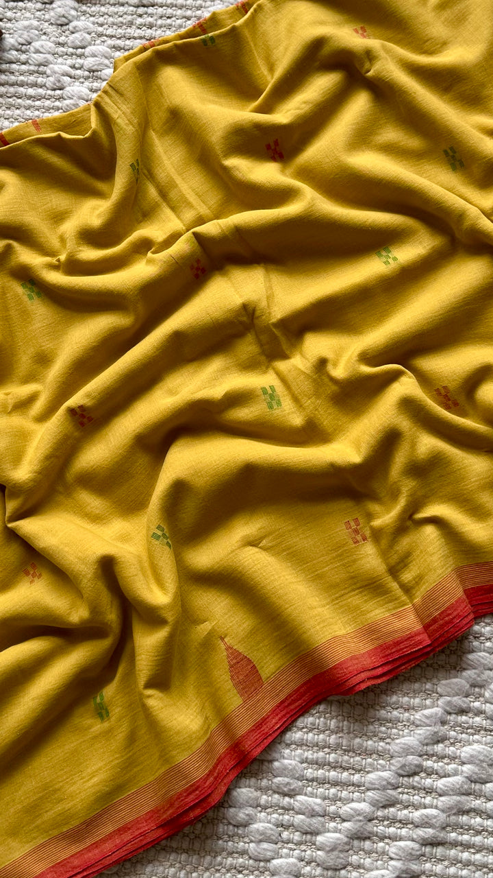 PREMIUM JAMDANI WEAVE HANDWOVEN AND HANDSPUN COTTON SAREE -  AMBER YELLOW
