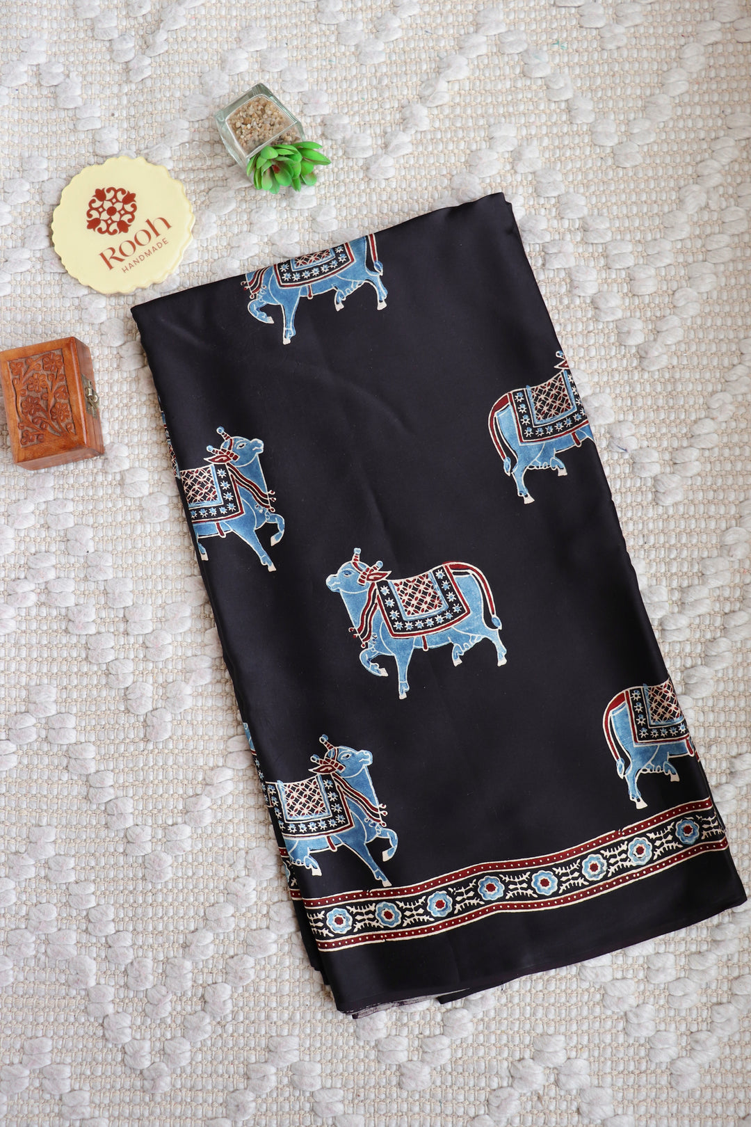 BLUE NANDI PICHWAI - BLACK PREMIUM AJRAKH HAND BLOCK PRINTED MODAL SILK SAREE (ONLY AVAILABLE ON PRE ORDER - DISPATCH TIME IS 30-40 DAYS)