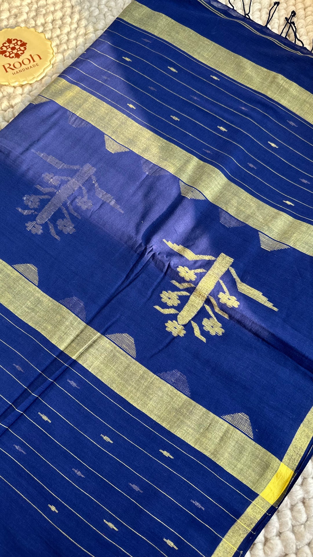 PREMIUM JAMDANI WEAVE HANDWOVEN AND HANDSPUN COTTON SAREE - SAPPHIRE BLUE