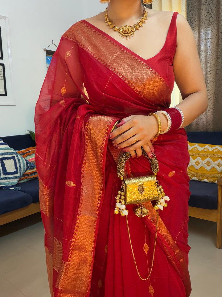 VERMILLION RED - SUPER PREMIUM HANDWOVEN MAHESHWARI PURE SILK COTTON SAREE