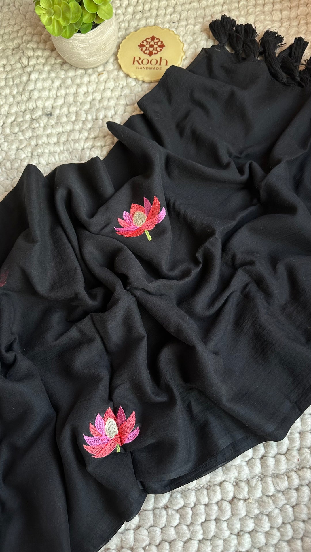 DEEP BLACK - LOTUS EMBROIDERED PURE SUPER SOFT MULMUL COTTON SAREE