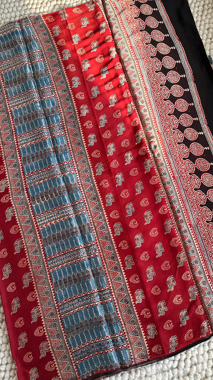 IVORY PANES - AJRAKH HAND BLOCK PRINTED PREMIUM MODAL SILK SAREE