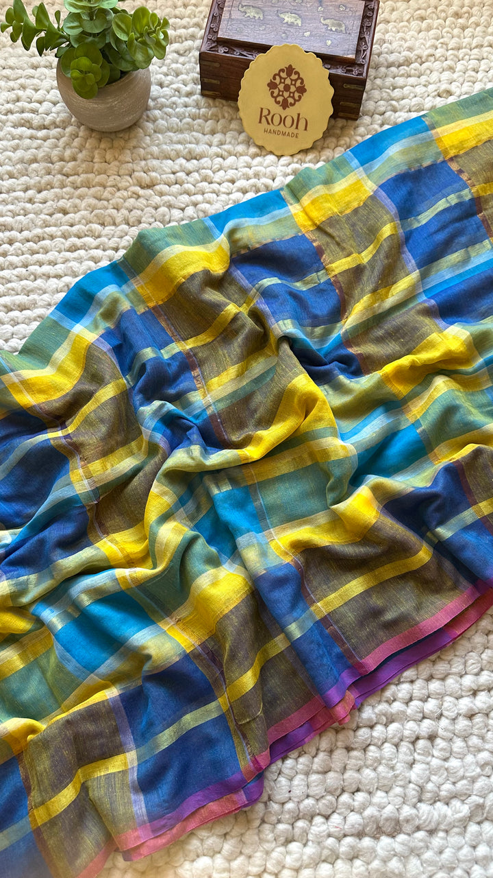 HANDWOVEN MULTICOLOUR ZARI CHECKS PURE MULMUL COTTON SAREE - 07