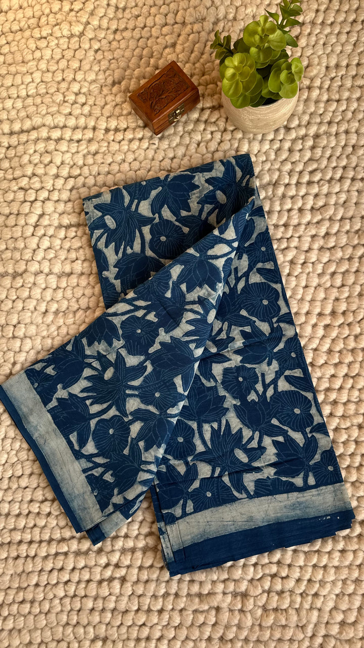 AKOLA INDIGO HAND BLOCK DABU PRINTED SOFT MULMUL COTTON SAREE- 002
